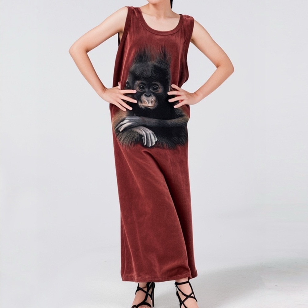 The Mountain Vintage 1998 Baby Gorilla Maxi Dress 2XL Brown Tie Dye Sleeveless